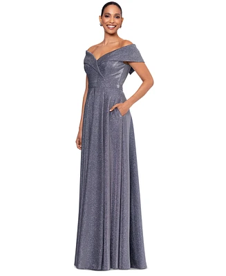 Xscape Women's Off-The-Shoulder Shimmer Wrap Style Gown