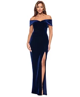 Xscape Women's Velvet Off-The-Shoulder Leg-Slit Gown