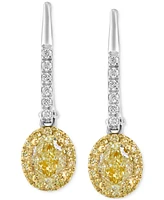 Effy Yellow Diamond (1-1/10 ct. t.w.) & White Diamond (1/10 ct. t.w.) Oval Halo Leverback Drop Earrings in 18k Two-Tone Gold - Two