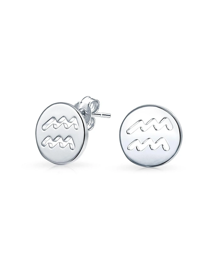 Bling Jewelry Tiny Simple Round Astrology Aquarius Horoscope Zodiac Stud Earrings Sterling Silver