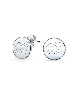 Bling Jewelry Tiny Simple Round Astrology Aquarius Horoscope Zodiac Stud Earrings Sterling Silver