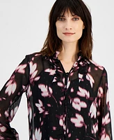 Anne Klein Petite Floral Clip-Dot Ruffle-Neck Blouse