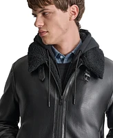 Dkny Men's Faux Leather Jacket with Removable Fur Bib