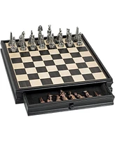 We Games Egyptian Chess & Checkers Game Set - Pewter Chessmen & Black Stained Wood Board with Storage Drawers 15 in.