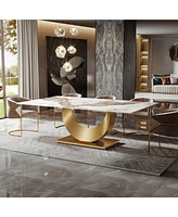 Tribesigns 78.7" Sintered Stone Dining Table, Luxury Kitchen Table with Snowy White Pandora Sintered Stone Tabletop, Dinner Table with Golden Stainles