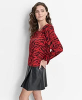 Dkny Women's Printed Asymmetric-Neck Long-Sleeve Blouse