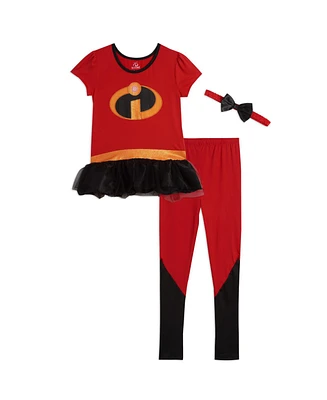 Incredibles Girls Cosplay T-Shirt Dress Leggings and Headband 3 Piece Outfit Set