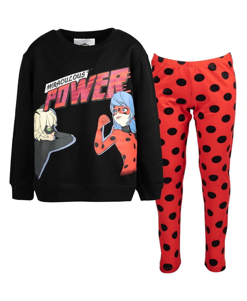 Miraculous Girls Cat Noir Ladybug French Terry Sweatshirt and Leggings Outfit Set to