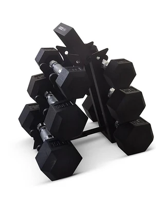 HolaHatha Hexagonal Dumbbell Free Hand Weight Set w/Rack, 5, 10, & 15 Lbs, Black