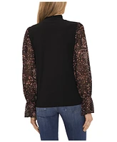 CeCe Women's Sheer Printed Long-Sleeve Mock Neck Top