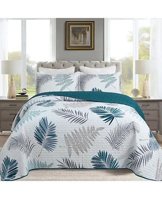 MarCielo 3 Piece Printed Leaf Quilt Set Lightweight Bedspread Set King