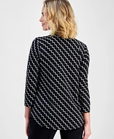 Jm Collection Petite Geo-Print V-Neck 3/4-Sleeve Top, Exclusively at Macy's