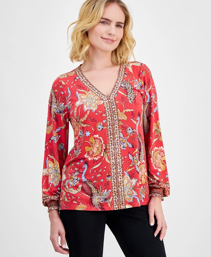 Jm Collection Petite Mirella Printed Long-Sleeve Top, Created for Macy's