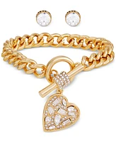 Guess Gold-Tone Scattered Crystal Heart Charm Link Bracelet & Logo Stud Earrings Set