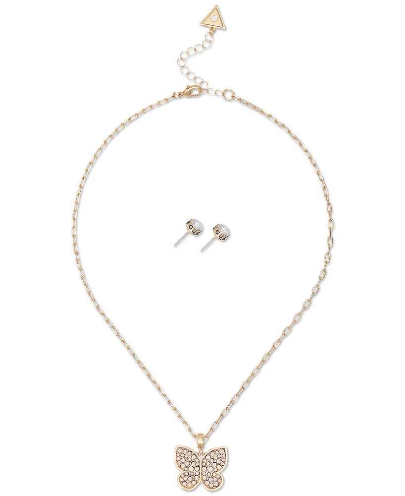 Guess Gold-Tone Mixed Crystal Butterfly Pendant Necklace & Stud Earrings Set