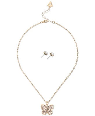 Guess Gold-Tone Mixed Crystal Butterfly Pendant Necklace & Stud Earrings Set