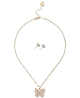 Guess Gold-Tone Mixed Crystal Butterfly Pendant Necklace & Stud Earrings Set