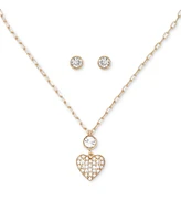 Guess Mixed Crystal Heart Pendant Necklace & Logo Stud Earrings Set