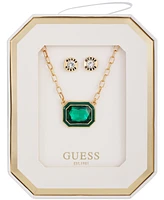 Guess Gold-Tone Framed Crystal Pendant Necklace & Logo Stud Earrings Set