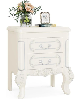 Tribesigns White Nightstand, End Table with 2 Drawers, Carved Bedside Tables, Side Table for Bedroom, Living Room, Classic Bedroom Furniture, Night St