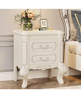 Tribesigns White Nightstand, End Table with 2 Drawers, Carved Bedside Tables, Side Table for Bedroom, Living Room, Classic Bedroom Furniture, Night St