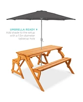 Best Choice Products 2-in-1 Outdoor Interchangeable Wooden Picnic Table/Garden Bench for w/ Umbrella Hole - Natural