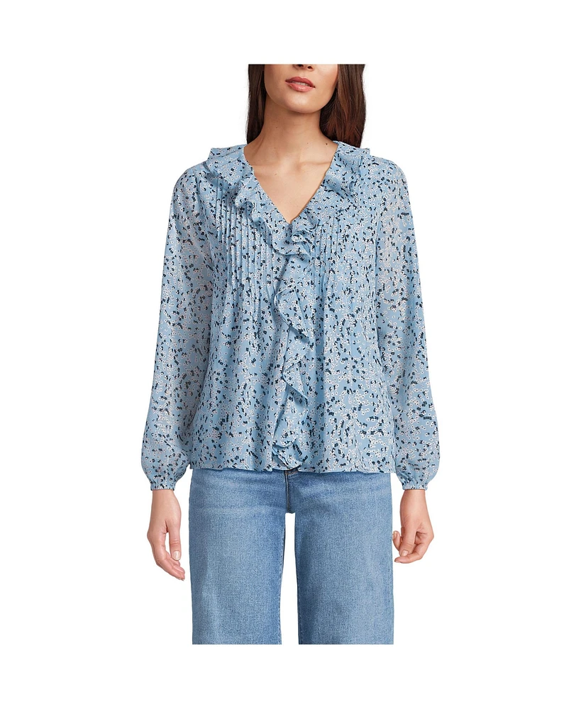 Lands' End Women's Chiffon Ruffle Front Pleated Blouse