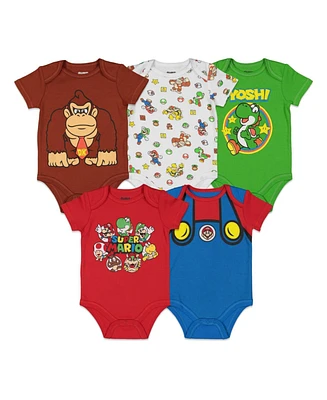 Super Mario Baby Boys Nintendo Donkey Kong Yoshi Lugi Bowser Toad 5 Pack Short Sleeve Bodysuits Newborn to