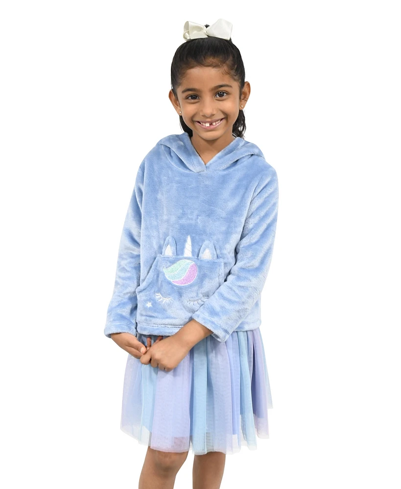 Pink & Violet Little Girls Faux Fur Unicorn Character Sweatshirt and Dress Set