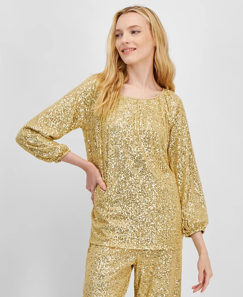 Jm Collection Women's Gathered Boat-Neck Sequin Top, Created for Macy's