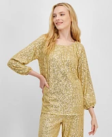 Jm Collection Women's Gathered Boat-Neck Sequin Top, Created for Macy's