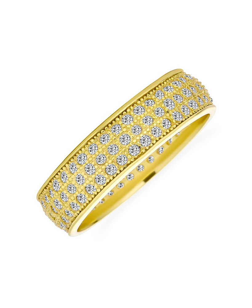Bling Jewelry Classic 3 Row Micro Pave Cubic Zirconia Cz Eternity Band Ring Yellow Gold Plated .925 Sterling Silver 5MM Wide