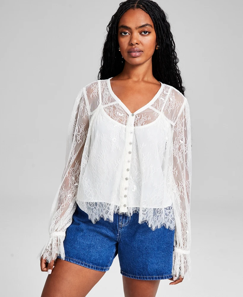 And Now This Women's Lace V-Neck Button-Front Top, Created for Macy's