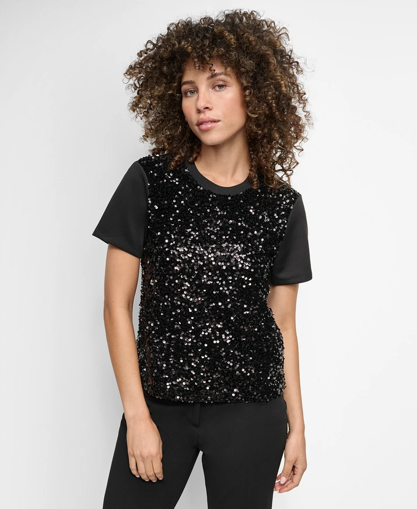 Dkny Women's Crewneck Short-Sleeve Sequin Blouse