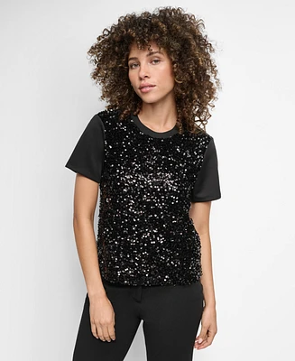 Dkny Women's Crewneck Short-Sleeve Sequin Blouse