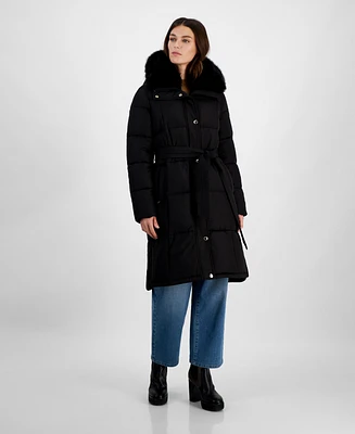 Michael Kors Women's Faux-Fur-Collar Belted Puffer Coat, Created for Macy's