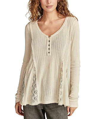 Lucky Brand Women's Henley V-Neck Lace-Godet Swing Top