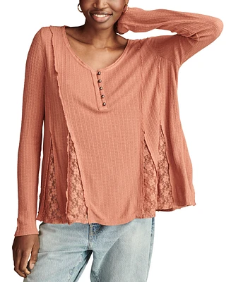Lucky Brand Women's Henley V-Neck Lace-Godet Swing Top