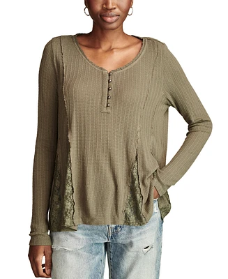 Lucky Brand Women's Henley V-Neck Lace-Godet Swing Top