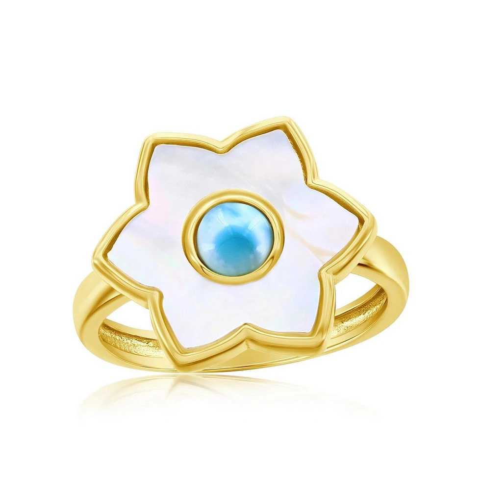 Caribbean Treasures Sterling Silver Larimar & Mop Flower Ring - Gold Plated