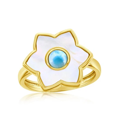 Caribbean Treasures Sterling Silver Larimar & Mop Flower Ring - Gold Plated