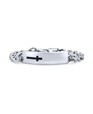 Bling Jewelry Name Plated Religious Side Ways Cross Identification Id Bracelet For Men Curb Stainless Steel