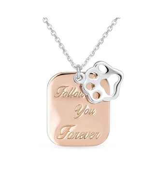 Bling Jewelry Two Tone Animal Pet Dog Cat Puppy Kitten Follow You Forever Four Paw Prints Dog Tag Pendant Necklace For Women Rose Gold Plated .925 Ste