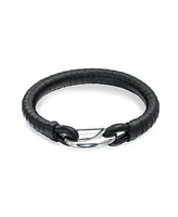 Bling Jewelry Unisex Black Stackable Woven Weave Braided Leather Bracelet Woven Bangle Bracelet For Men Women Stainless Large Hook Latch Lobster Hook