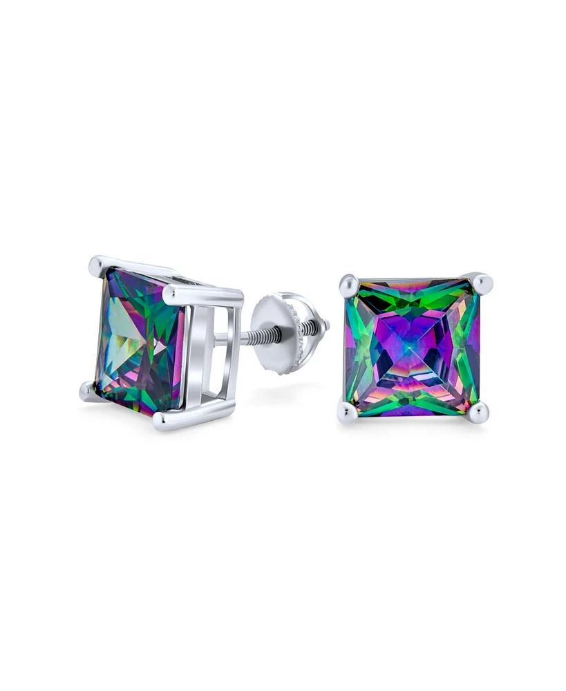 Bling Jewelry Square Black Mystic Rainbow Princess Cut Cz Cubic Zirconia Stud Earrings .925 Sterling Silver Screw back