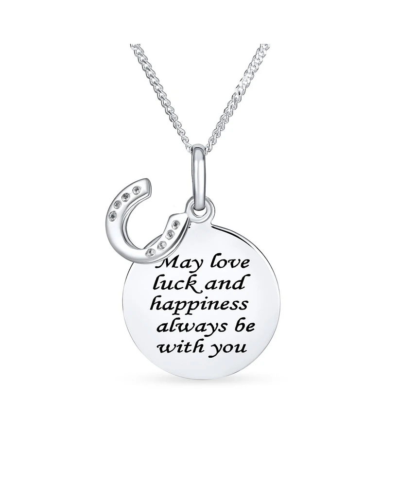 Bling Jewelry Round Disc Equestrian Inspirational Saying Quote Cz Horseshoe Pendant Necklace Western Jewelry For Women .925 Sterling Silver