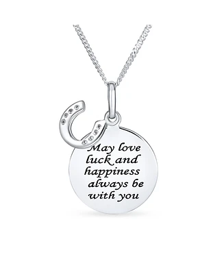 Bling Jewelry Round Disc Equestrian Inspirational Saying Quote Cz Horseshoe Pendant Necklace Western Jewelry For Women .925 Sterling Silver