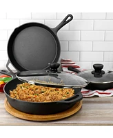 MegaChef 13 Piece Cast Iron Skillet Set with Tempered Glass Lids and Silicone Holders