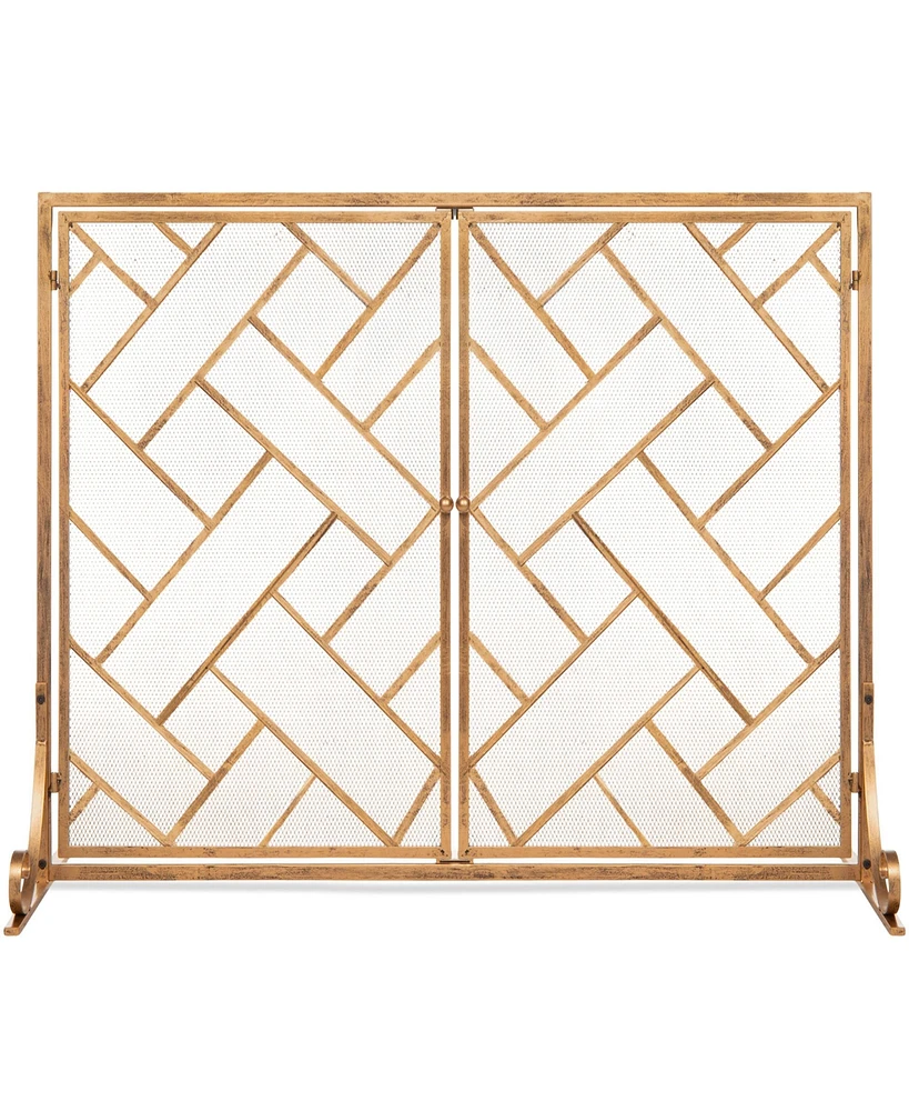 Best Choice Products 44x33in 2-Panel Handcrafted Wrought Iron Geometric Fireplace Screen w/ Magnetic Doors