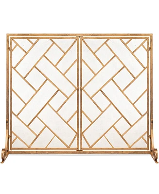 Best Choice Products 44x33in 2-Panel Handcrafted Wrought Iron Geometric Fireplace Screen w/ Magnetic Doors